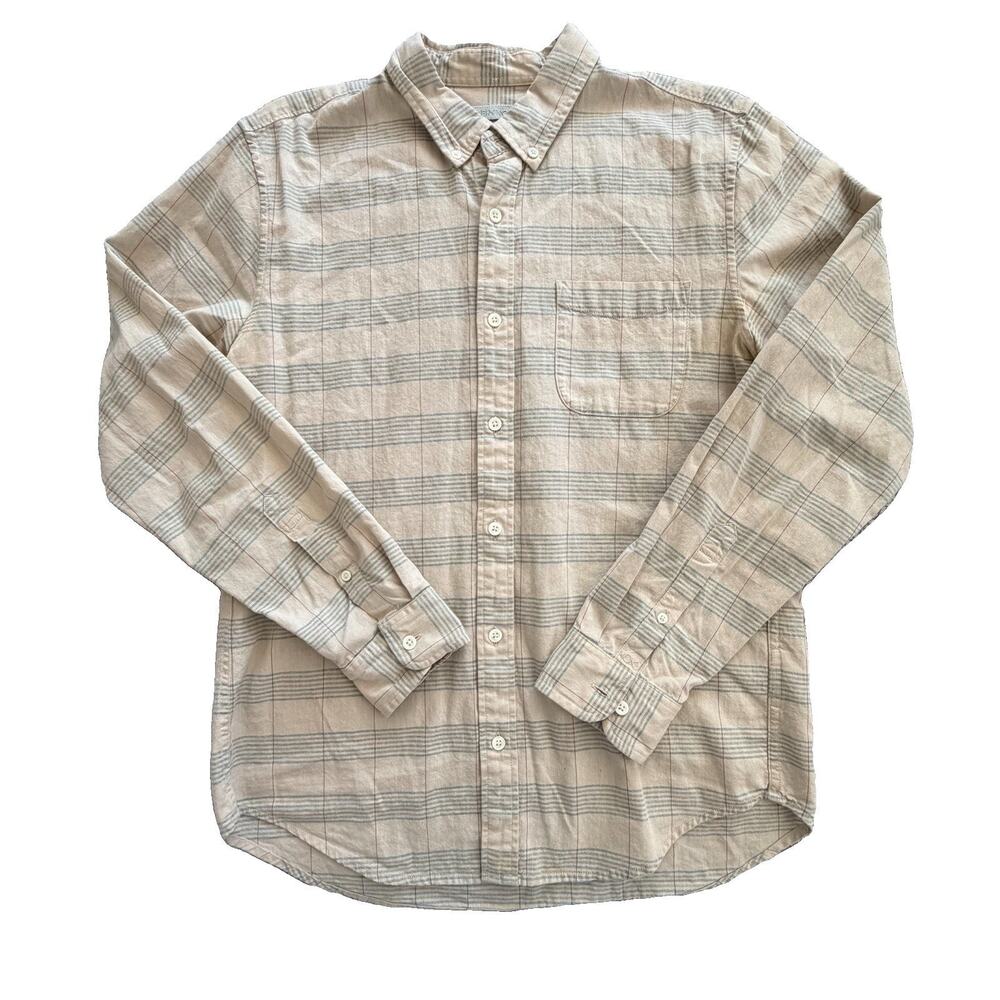 Outerknown Men's 100% Organic Cotton Cream Green Plaid Button Down Shirt M